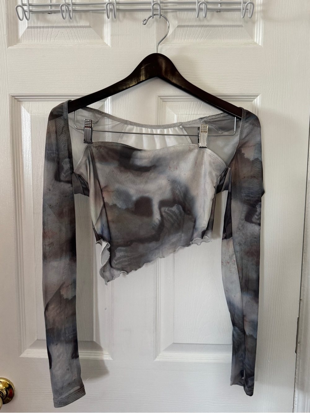Gray Tie-Dye Mesh Asymmetric Long Sleeve Crop Top